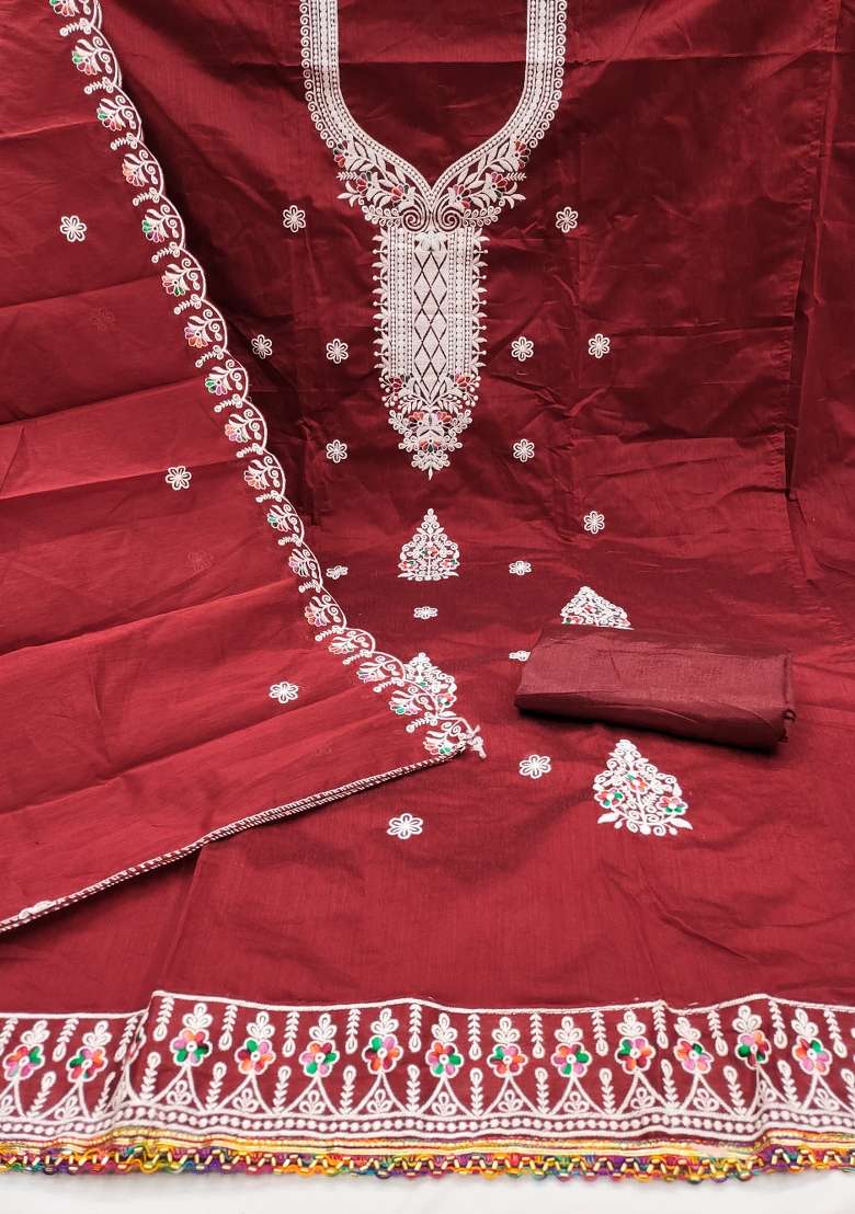 Maroon Embroidered Blended Straight Kurta Set - Indya