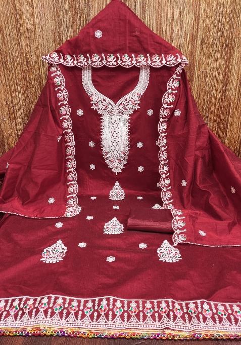 Maroon Embroidered Cotton Blend Dress Material