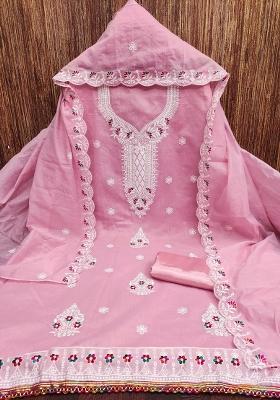 Pink Embroidered Cotton Blend Dress Material