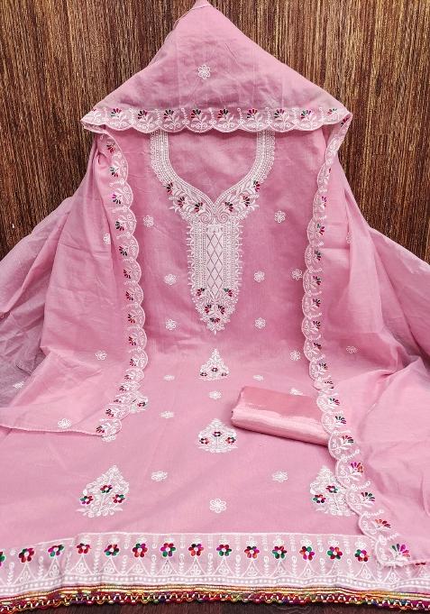 Pink Embroidered Blended Straight Kurta Set