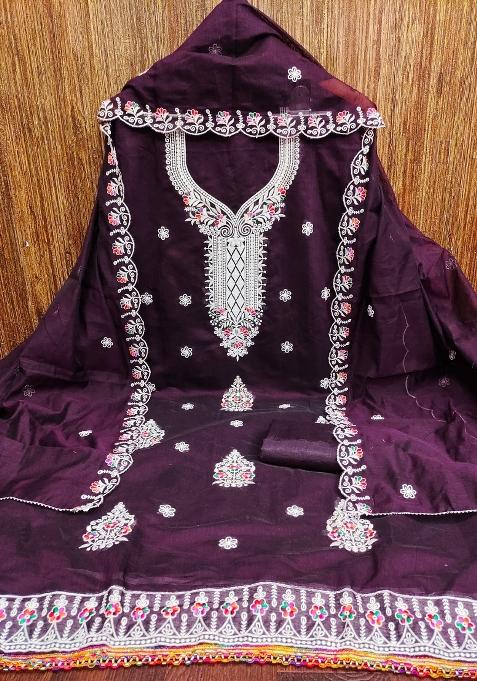 Purple Embroidered Blended Straight Kurta Set