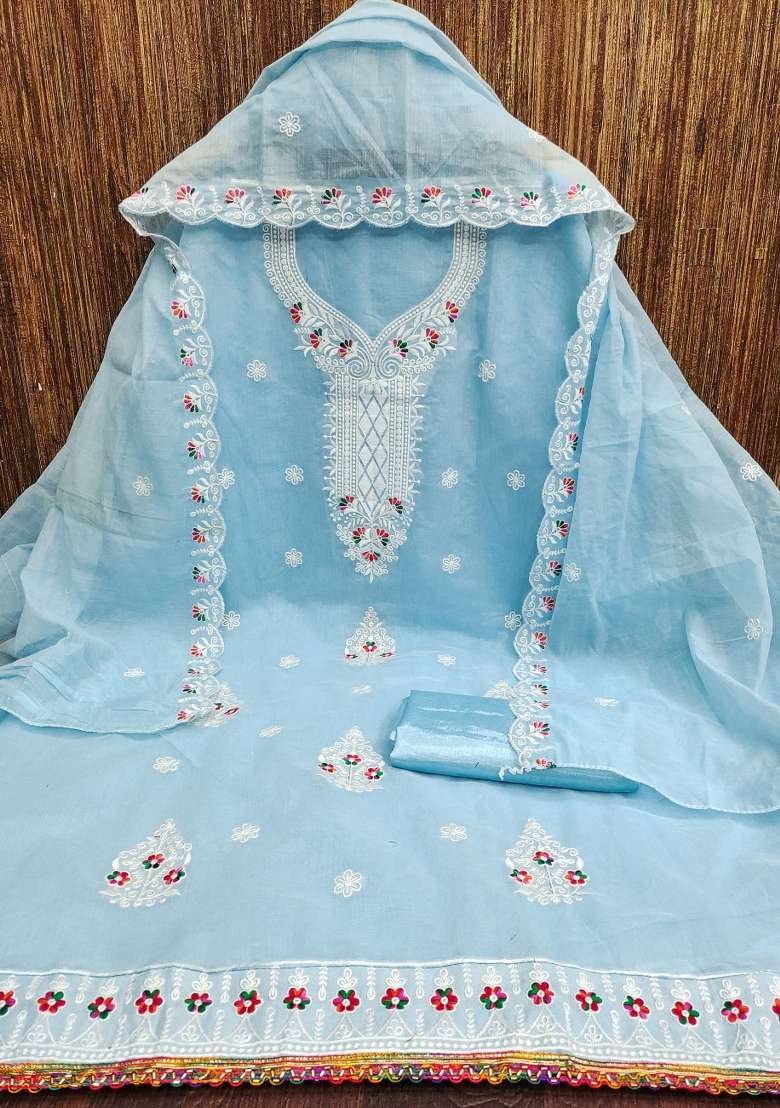 Sky Blue Embroidered Cotton Straight Kurta Set - Indya