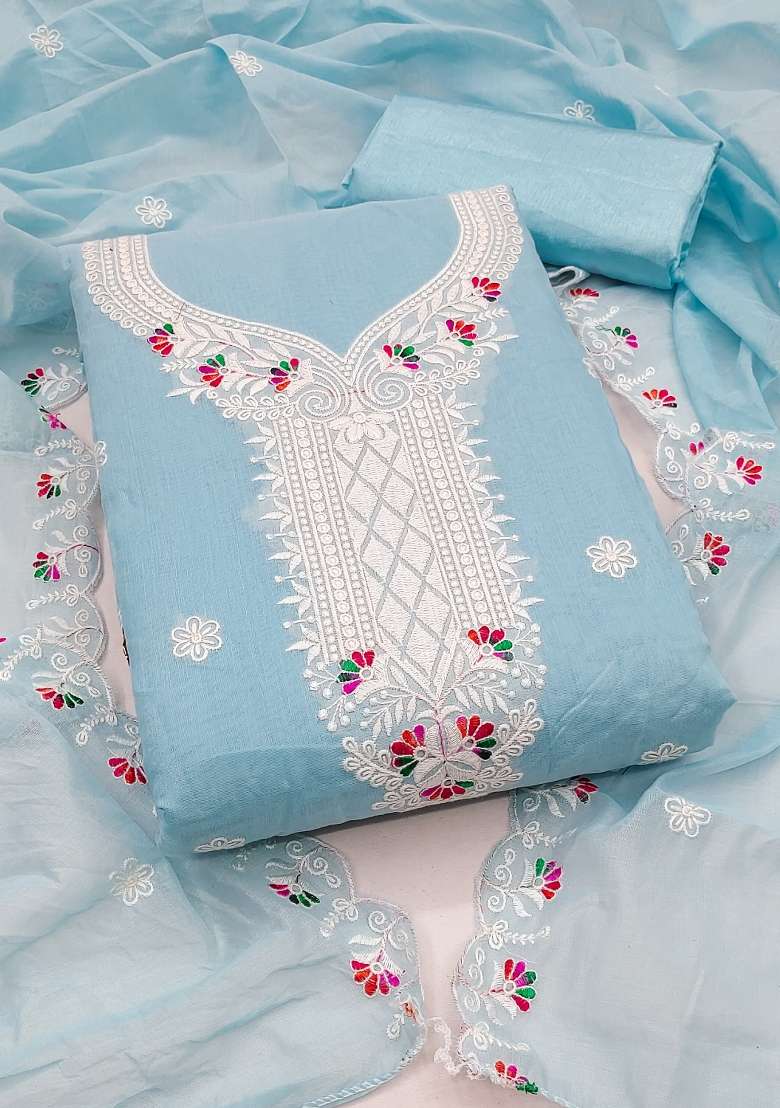 Sky Blue Embroidered Cotton Straight Kurta Set - Indya