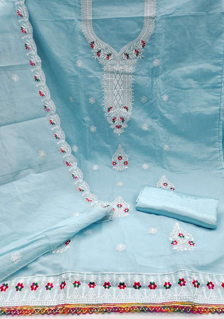 Sky Blue Embroidered Cotton Straight Kurta Set - Indya