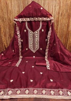 Maroon Embroidered Twill Net Dress Material