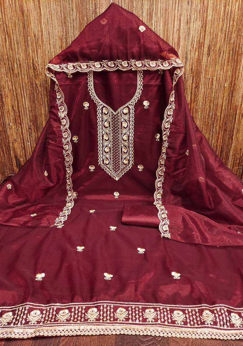 Maroon Embroidered Net Straight Kurta Set - Indya