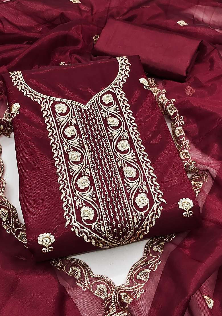 Maroon Embroidered Net Straight Kurta Set - Indya