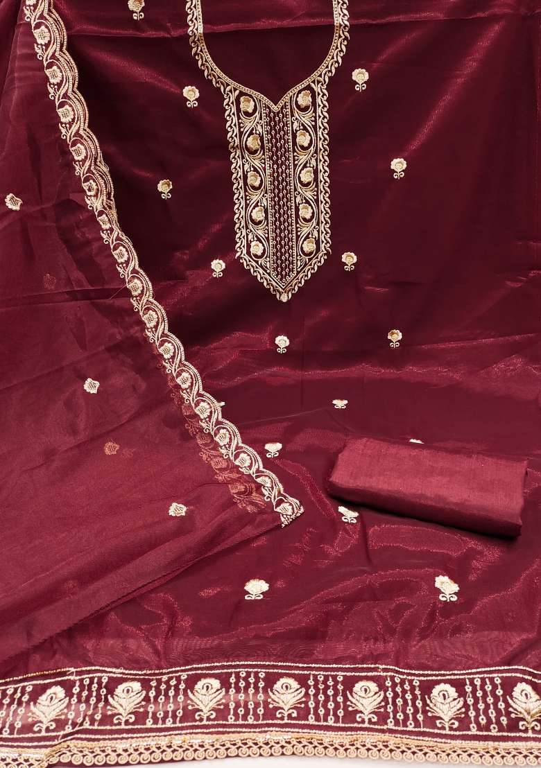 Maroon Embroidered Net Straight Kurta Set - Indya