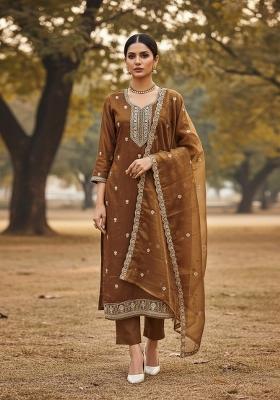 Mustard Embroidered Twill Net Dress Material