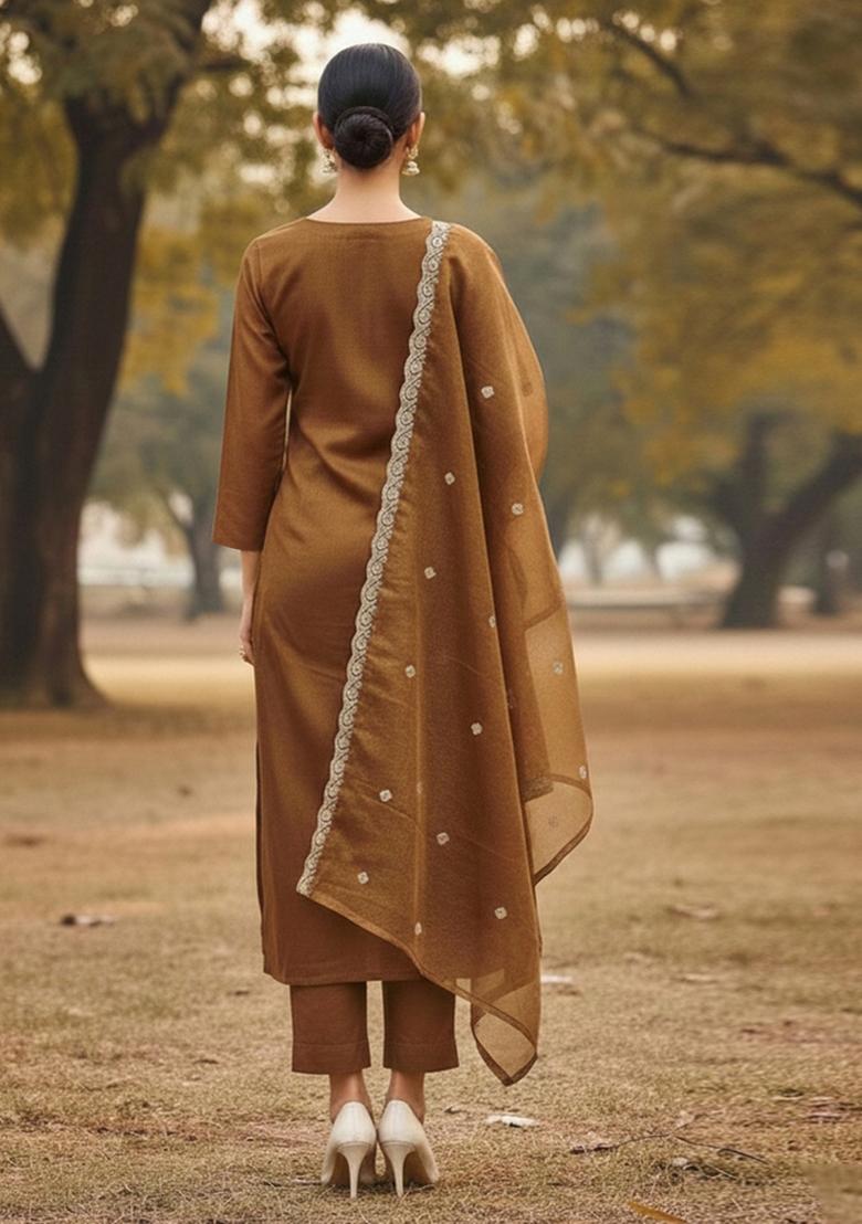 Mustard Embroidered Twill Net Dress Material - Indya