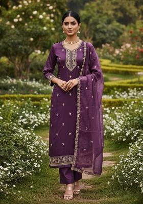 Purple Embroidered Twill Net Dress Material
