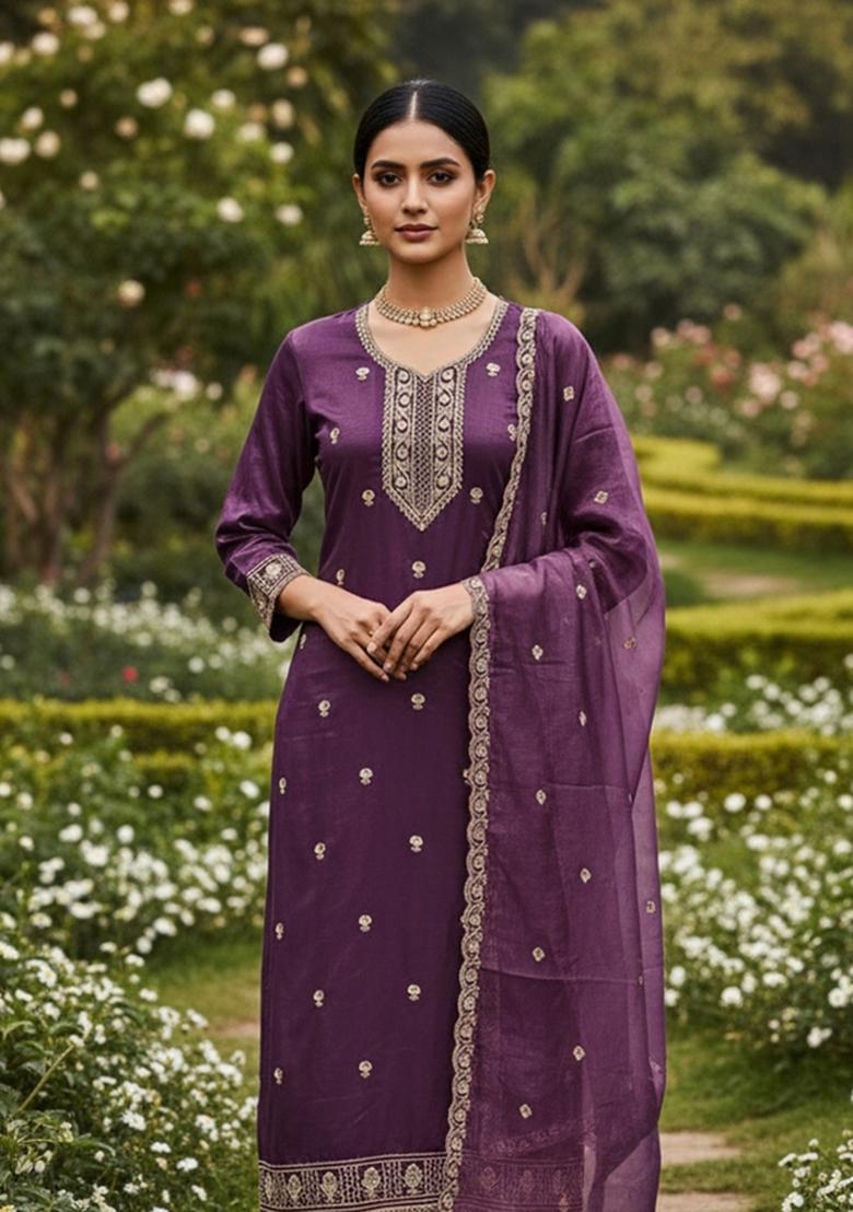 Purple Embroidered Twill Net Dress Material - Indya