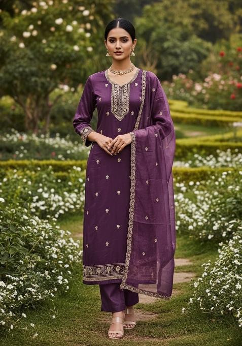Purple Embroidered Twill Net Dress Material