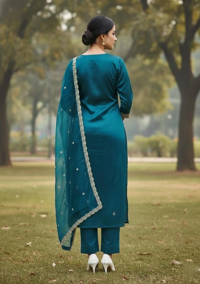 Teal Blue Embroidered Twill Net Dress Material - Indya