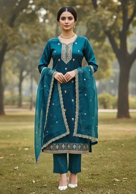 Teal Blue Embroidered Twill Net Dress Material