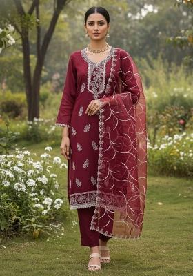 Maroon Embroidered Oragnza Dress Material