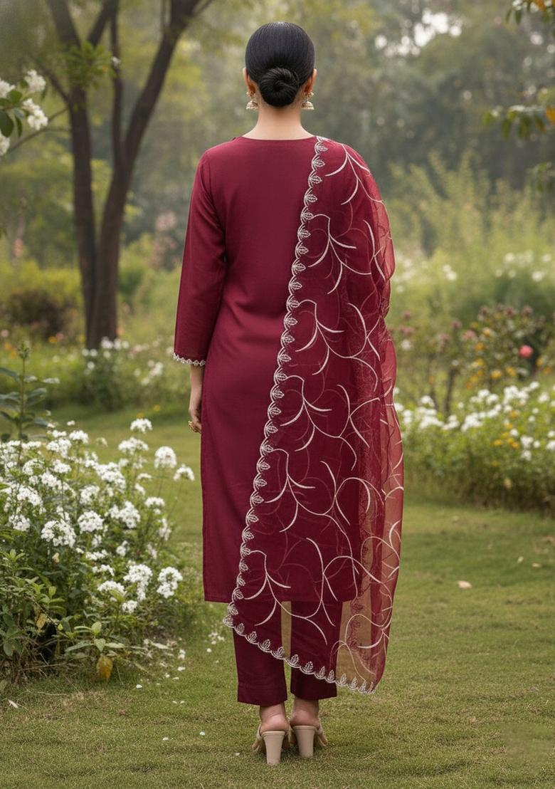 Maroon Embroidered Oragnza Dress Material - Indya