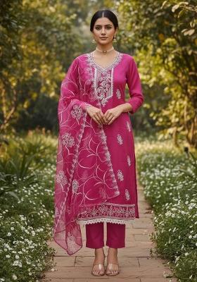 Pink Embroidered Oragnza Dress Material