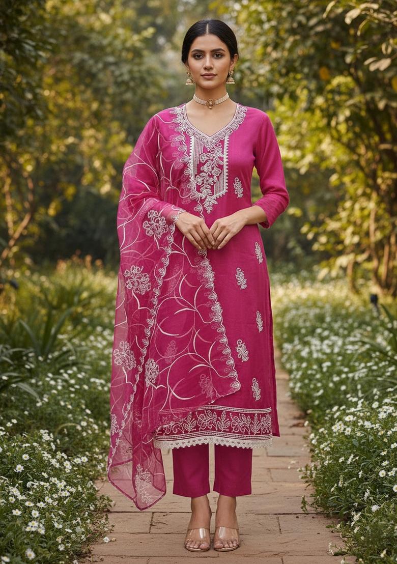 Pink Embroidered Oragnza Dress Material - Indya