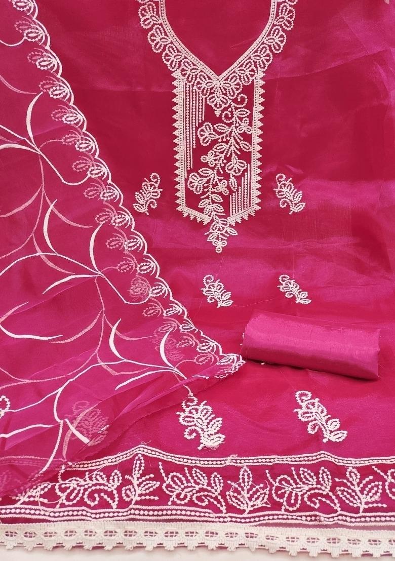 Pink Embroidered Oragnza Dress Material - Indya