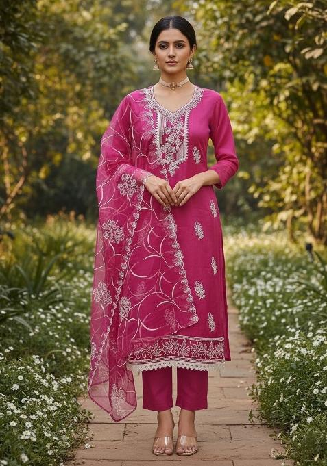 Pink Embroidered Oragnza Dress Material