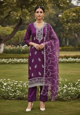 Purple Embroidered Oragnza Dress Material