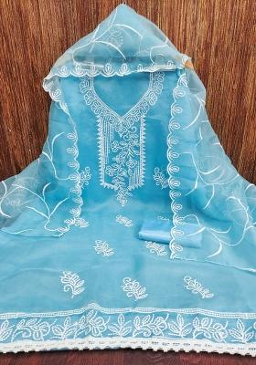 Sky Blue Embroidered Oragnza Dress Material