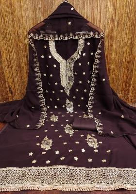 Brown Embroidered Georgette Dress Material