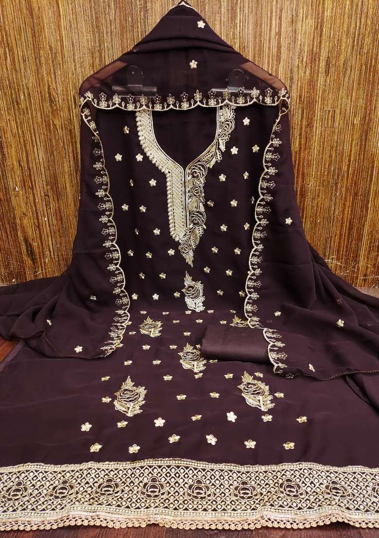 Brown Embellished Georgette Straight Kurta Set - Indya