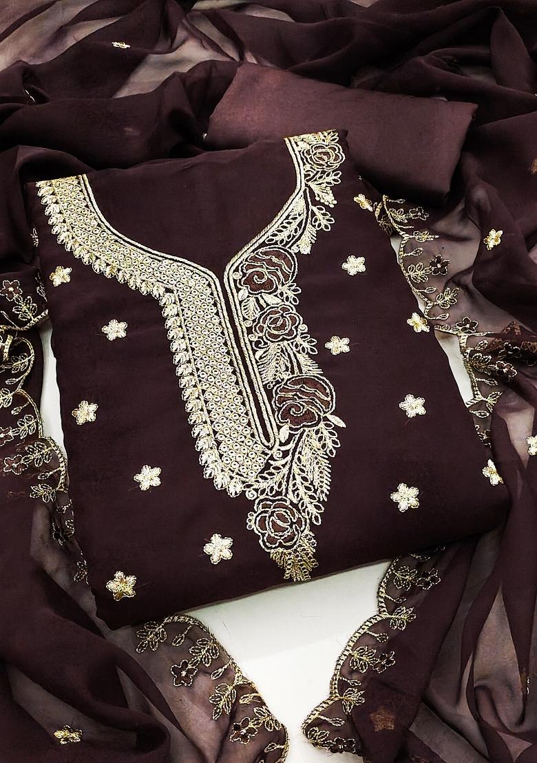 Brown Embroidered Georgette Dress Material - Indya