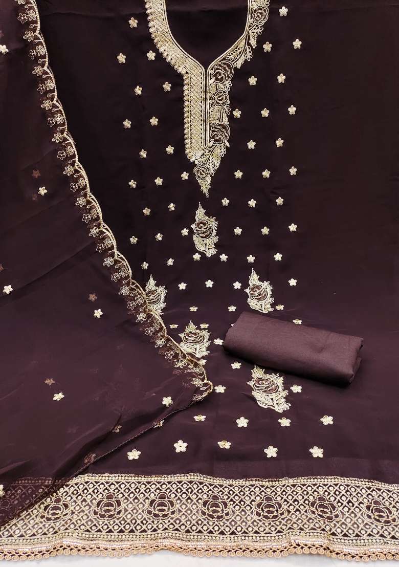Brown Embellished Georgette Straight Kurta Set - Indya