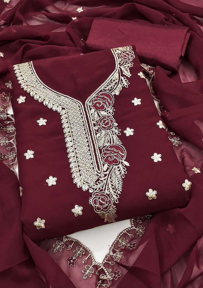 Magenta Embellished Georgette Straight Kurta Set - Indya