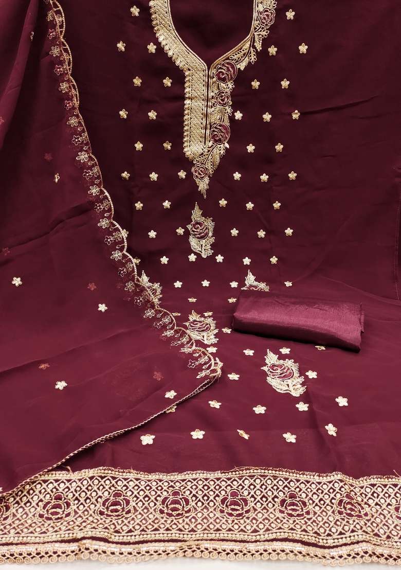 Magenta Embellished Georgette Straight Kurta Set - Indya
