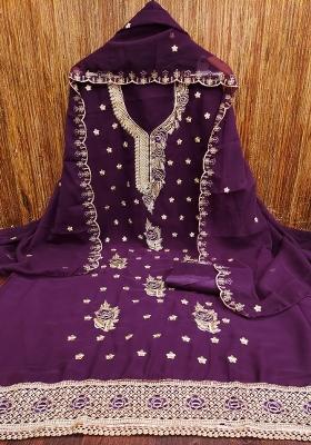 Purple Embroidered Georgette Dress Material