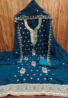 Teal Blue Embroidered Georgette Dress Material