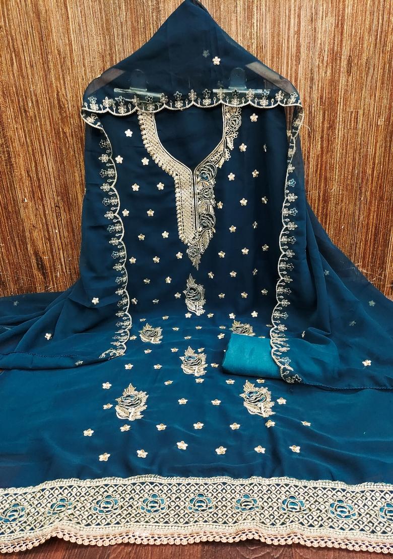 Teal Blue Embroidered Georgette Dress Material