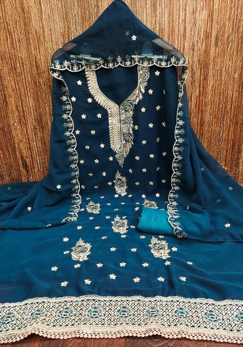 Teal Blue Embroidered Georgette Dress Material