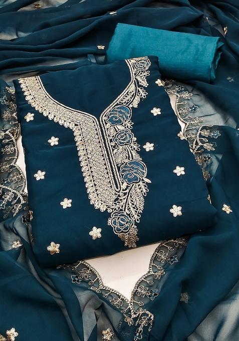 Teal Blue Embroidered Georgette Dress Material