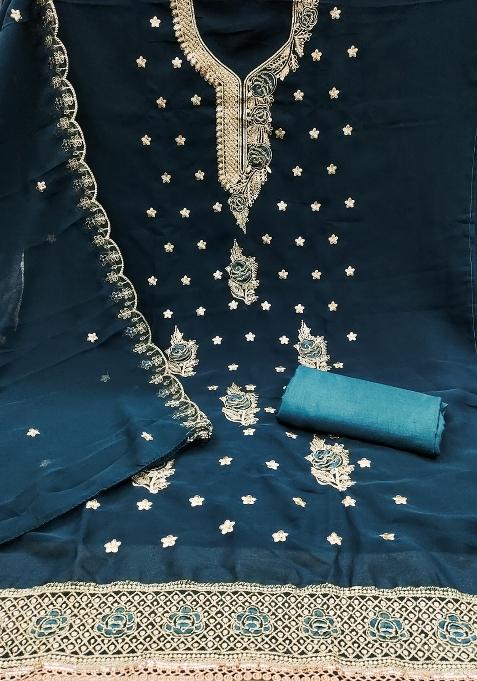 Teal Blue Embroidered Georgette Dress Material