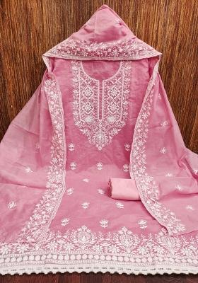 Baby Pink Embroidered Cotton Blend Dress Material
