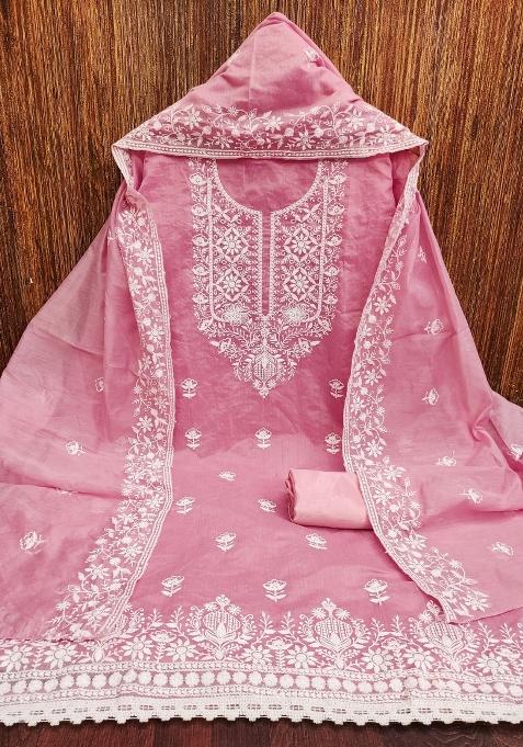 Baby Pink Embroidered Cotton Straight Kurta Set