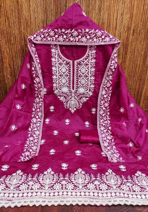 Pink Embroidered Blended Straight Kurta Set