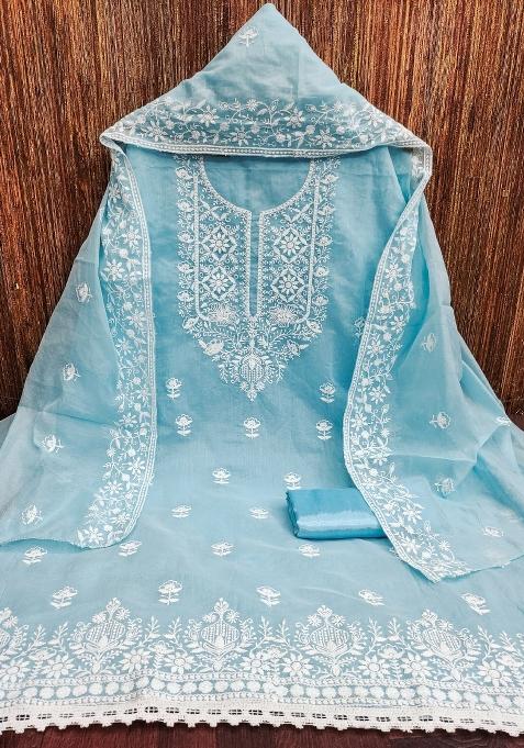 Sky Blue Embroidered Cotton Blend Dress Material