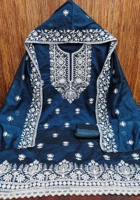 Teal Blue Embroidered Cotton Blend Dress Material