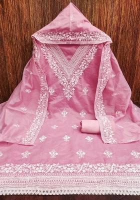 Baby Pink Embroidered Cotton Blend Dress Material