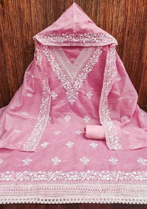 Baby Pink Embroidered Cotton Straight Kurta Set