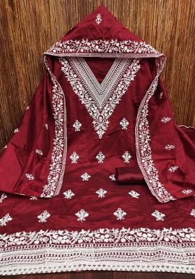 Maroon Embroidered Cotton Blend Dress Material