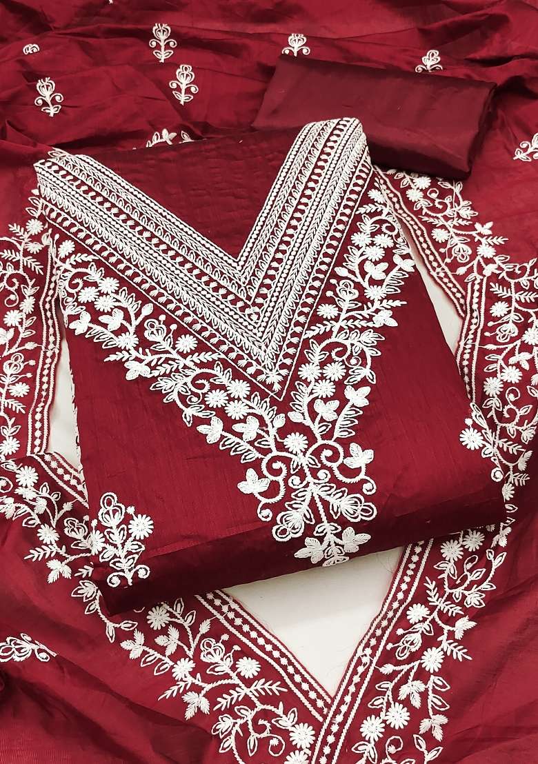 Maroon Embroidered Blended Straight Kurta Set - Indya