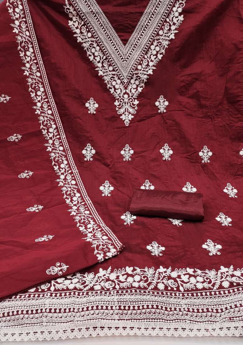 Maroon Embroidered Blended Straight Kurta Set - Indya