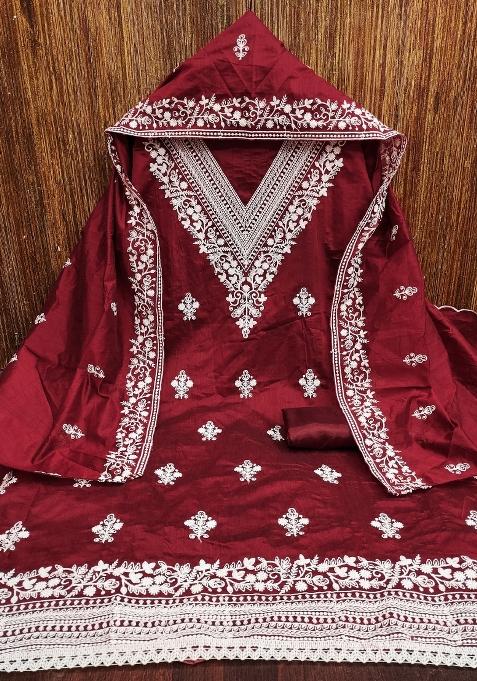 Maroon Embroidered Cotton Blend Dress Material